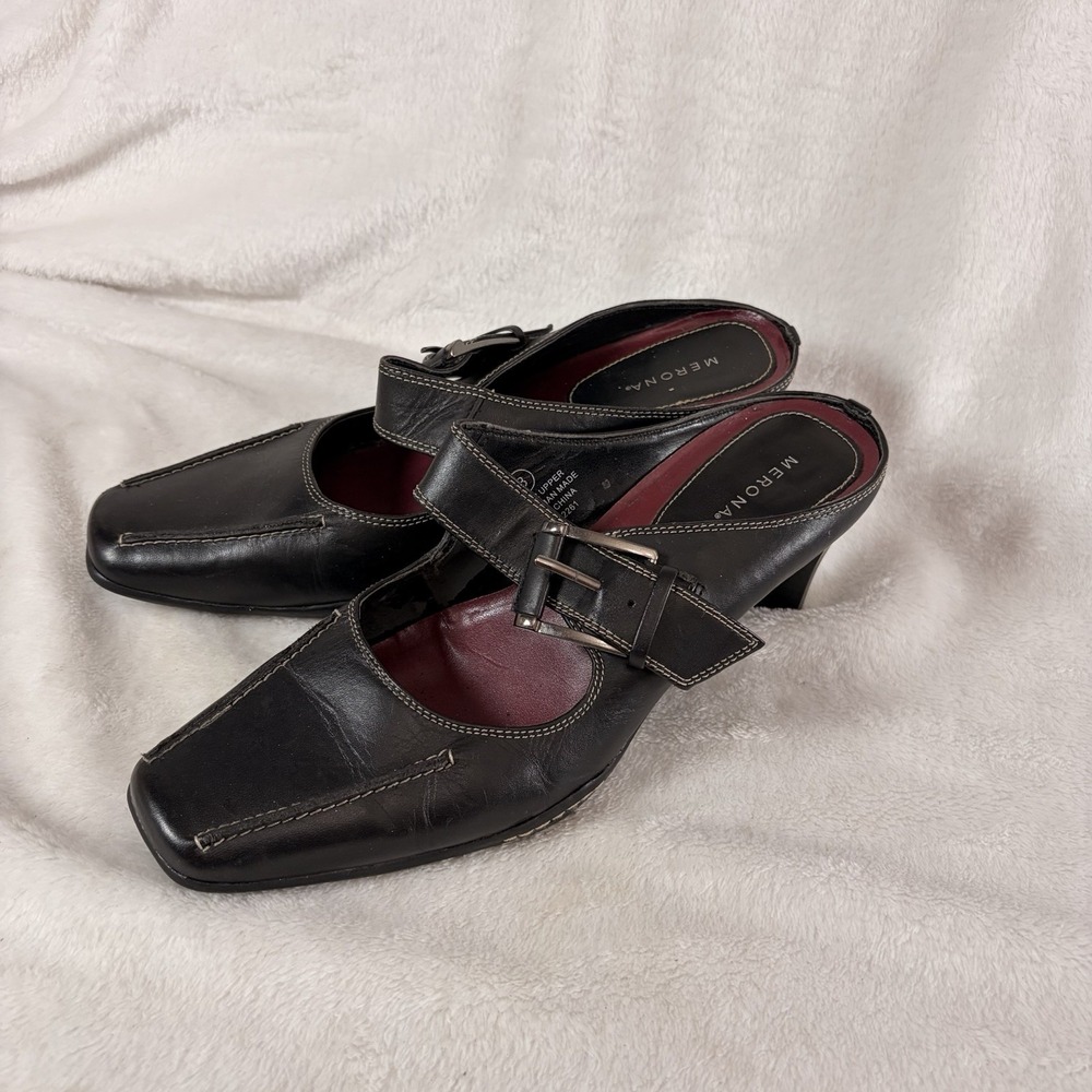 Merona Black Leather Mary Jane Mules Square Toe Block Heel 8 Witchy Whimsygoth